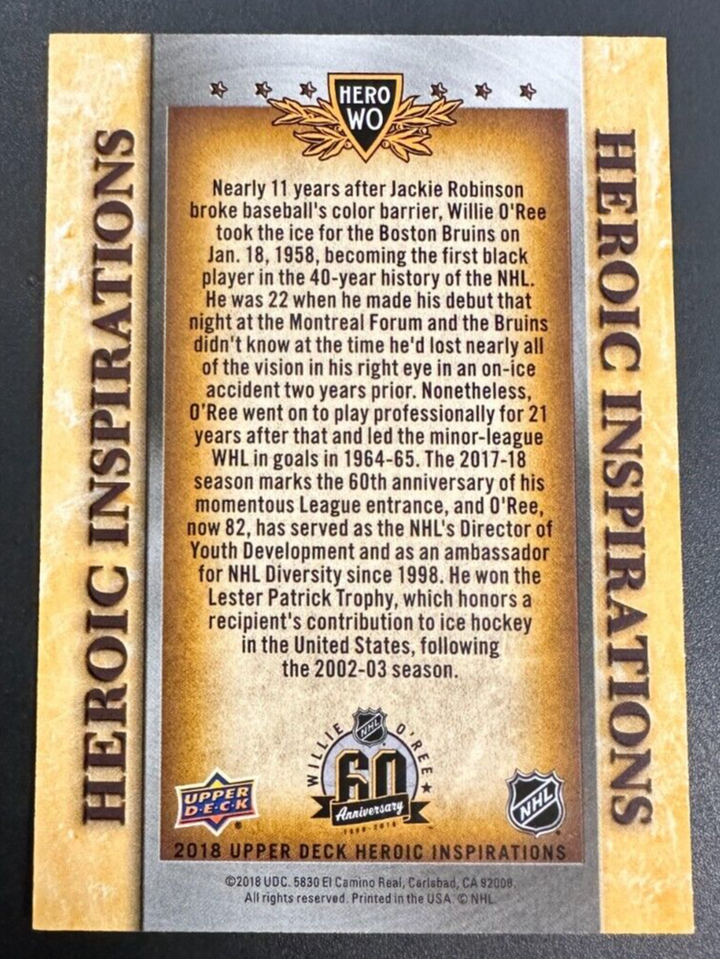 2018 Upper Deck Heroic Inspirations Willie O'Ree Autographed Card HOF Bruins