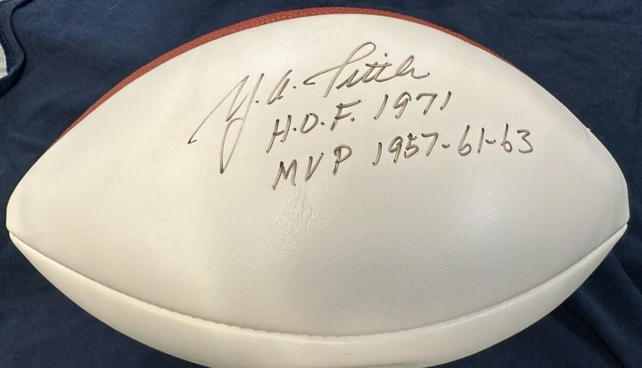Y.A. Tittle Autographed Wilson NFL Football W/ HOF 71 & MVP 1957-61-63 Ins BAS