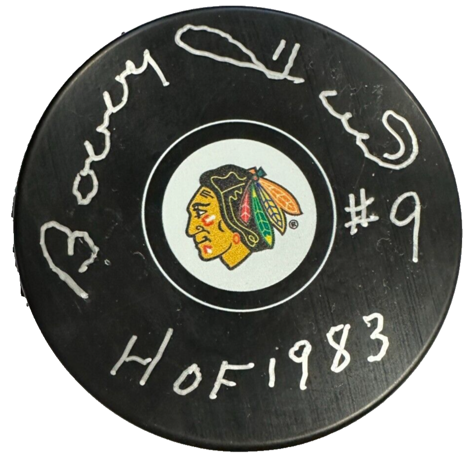 Bobby Hull Autographed Chicago Blackhawks Hockey Puck JSA W/ HOF 1983