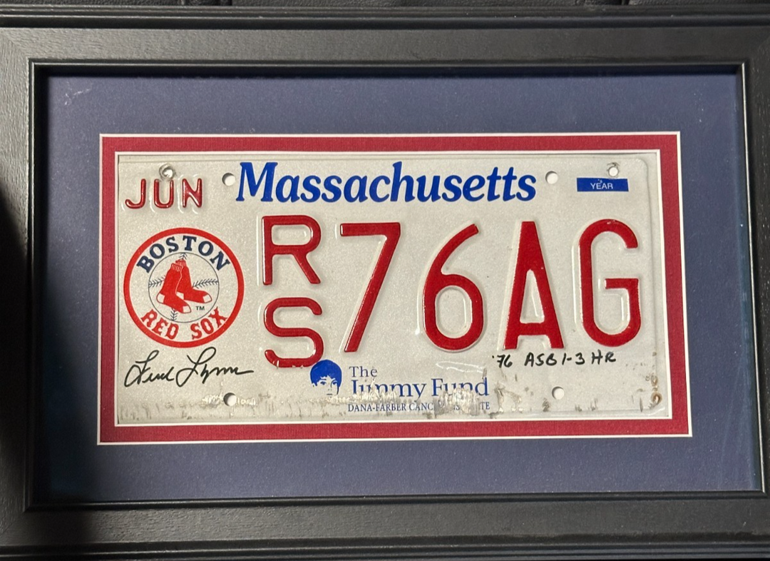 Fred Lynn Signed Red Sox Massachusetts License Plate 76AG W/ 76 ASG 1-3 HR Insc