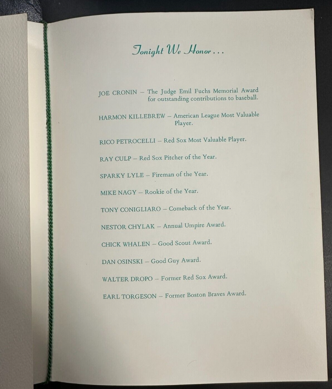 Jan 29, 1970 31st Annual Baseball Writers Association America Dinner Program