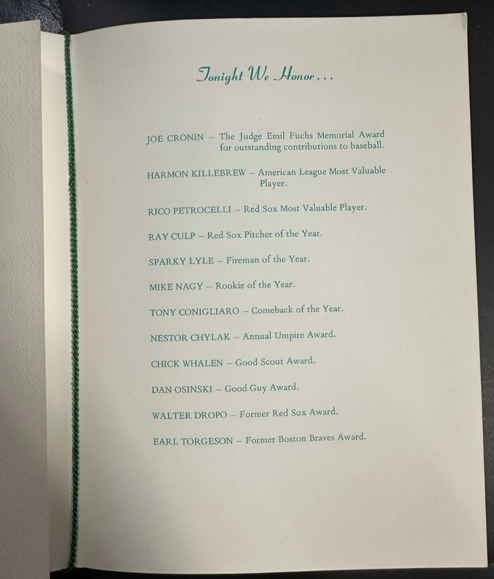 Jan 29, 1970 31st Annual Baseball Writers Association America Dinner Program