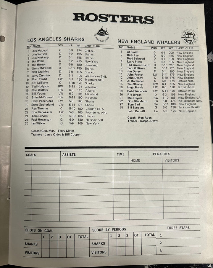 1973-74 New England Whalers & Los Angeles Sharks Program WHA