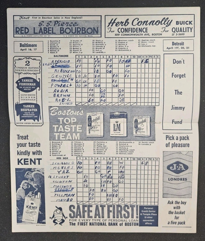 4/16/63 Red Sox vs. Orioles Program Boston Red Sox Home Opener Fenway Park 