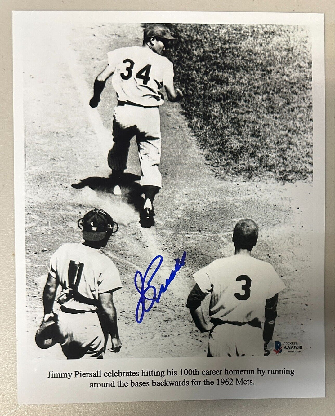 Jimmy Piersall Signed 100th Home Run Running Bases Backwards 8x10 Photo BAS Mets
