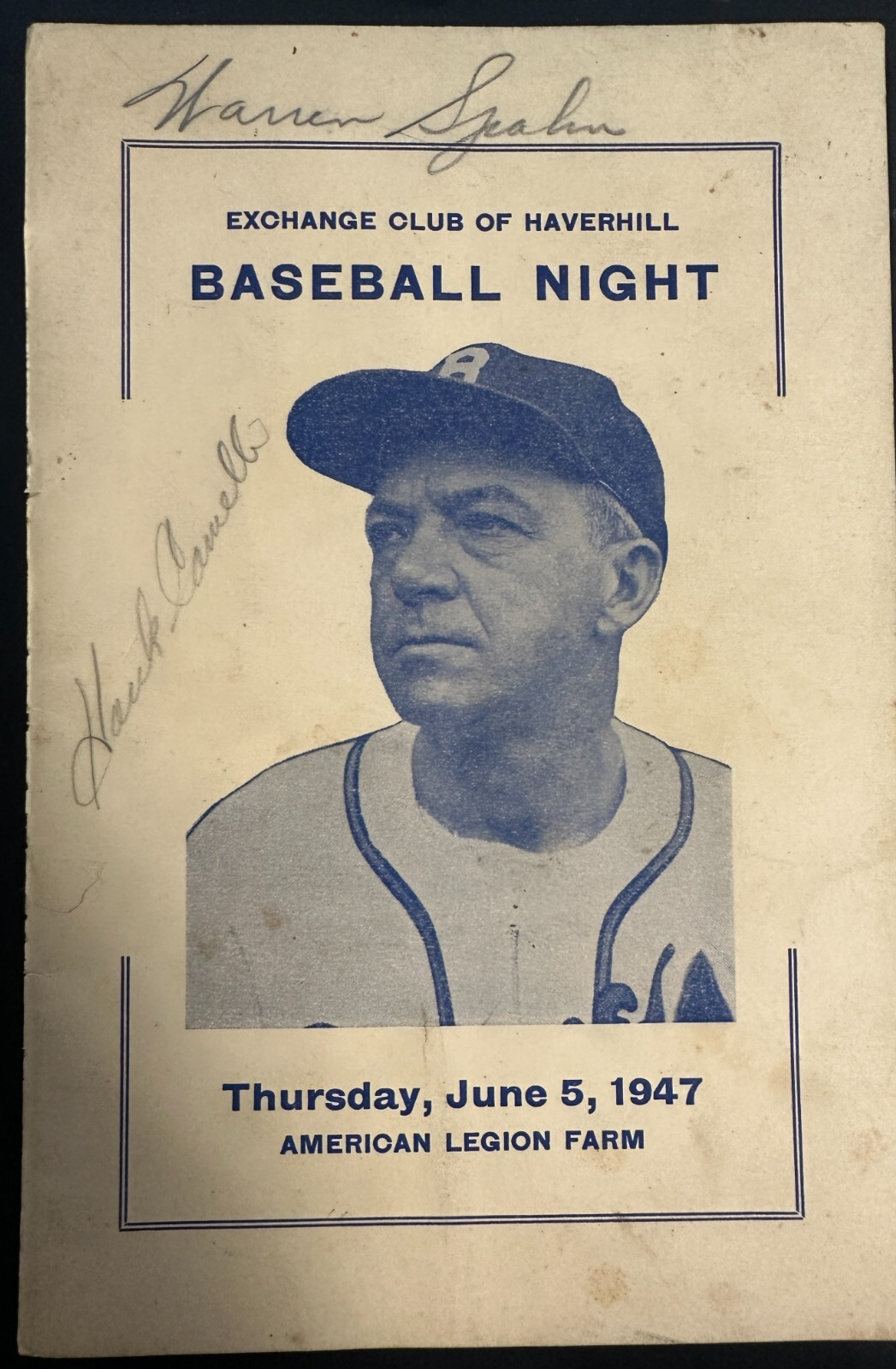 Warren Spahn & Hank Camelli Signed 6/6/1947 Haverhill MA Baseball Night Pamphlet