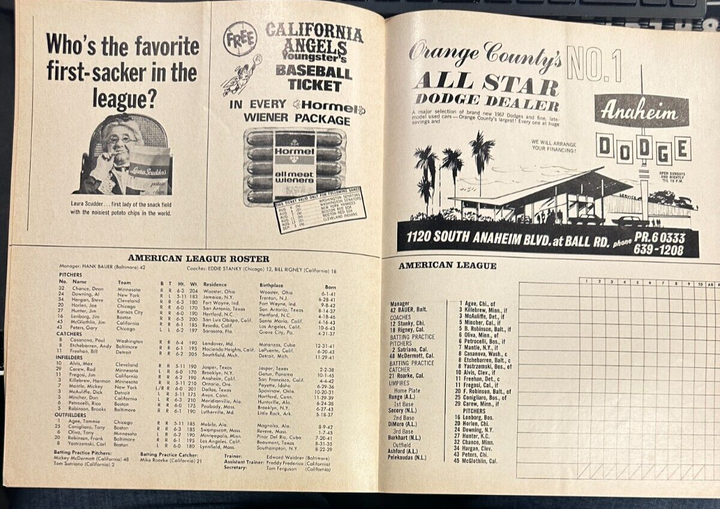 1967 MLB Baseball All-Star Game Program Anaheim Stadium 2-1 NL Allen Perez HR