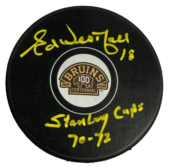Ed Westfall Signed Boston Bruins 100th Anniversary Puck W/ 70-72 Stanley Cups