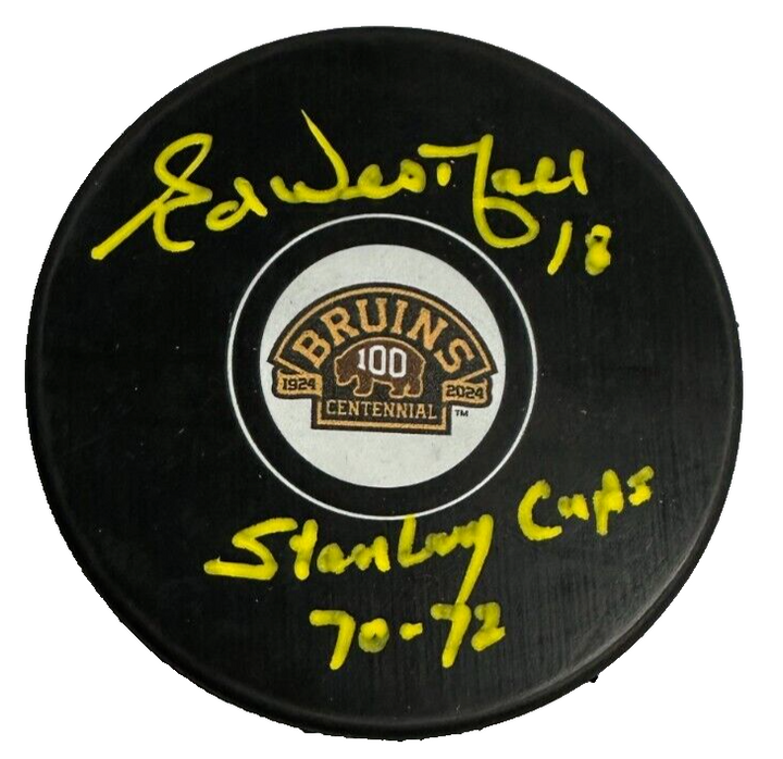 Ed Westfall Signed Boston Bruins 100th Anniversary Puck W/ 70-72 Stanley Cups