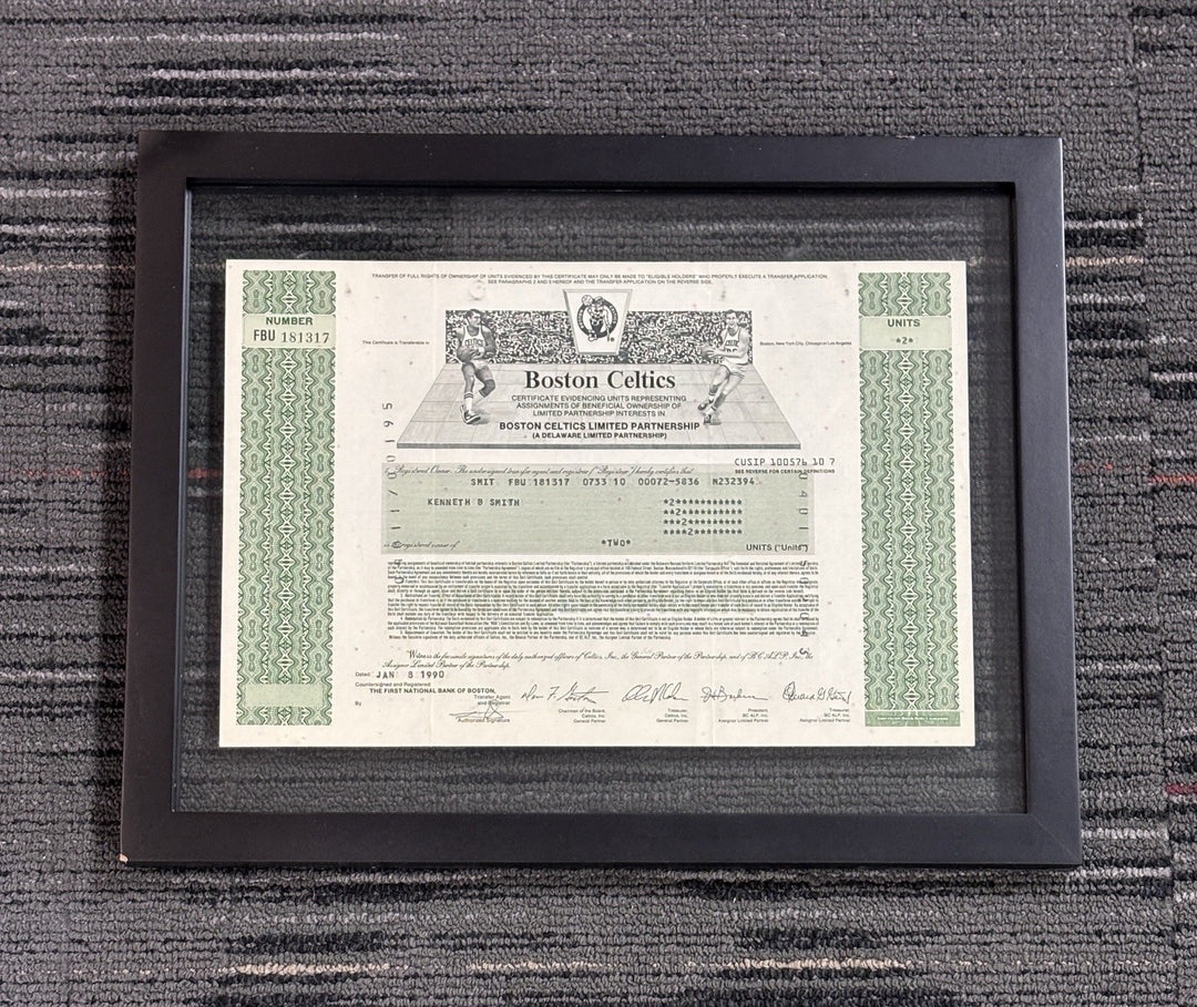 Framed 1990 Boston Celtics Limited Partnership Stock Certificate Vintage 2 Units