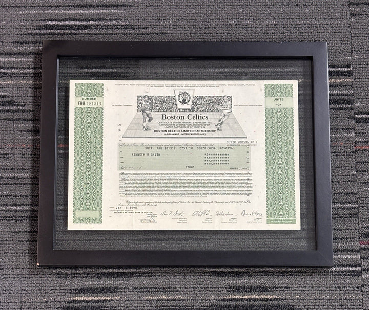 Framed 1990 Boston Celtics Limited Partnership Stock Certificate Vintage 2 Units