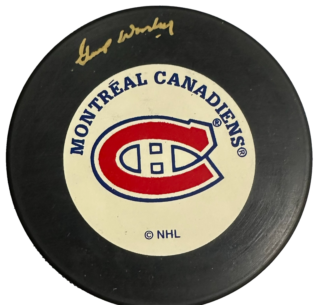 Gump Worsley Autographed Montreal Canadiens Hockey Puck HOF NHL