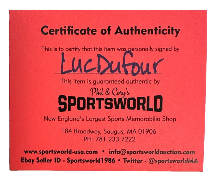 Luc Dufour Autographed Boston Bruins Hockey Puck NHL