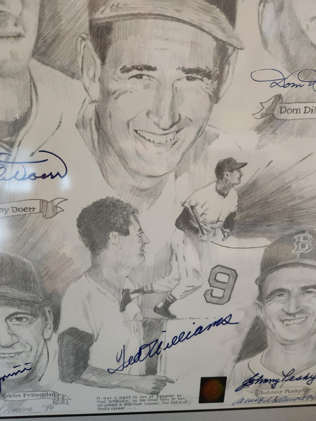 Ted Williams DiMaggio Pesky Pellegrini Doerr Signed Amore Sketch /521 GD COA