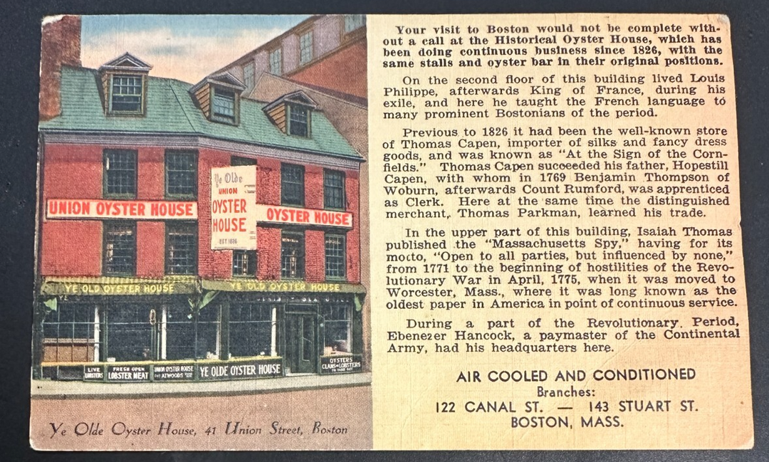 Ted Williams & Mike Higgins Autographed 1960's Union Oyster House Postcard BAS