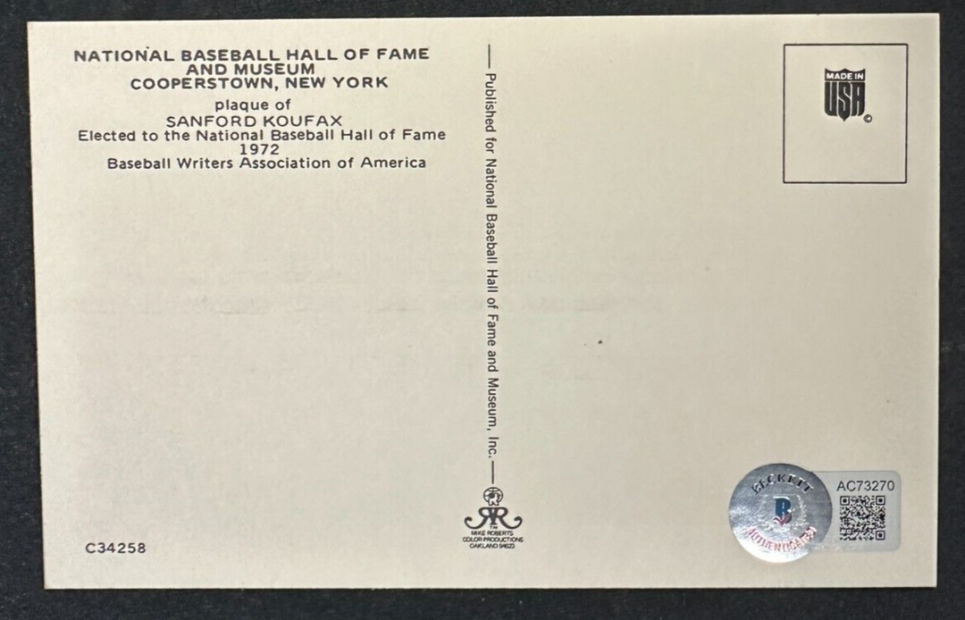 Sandy Koufax Autographed MLB Hall Of Fame Postcard Dodgers BAS