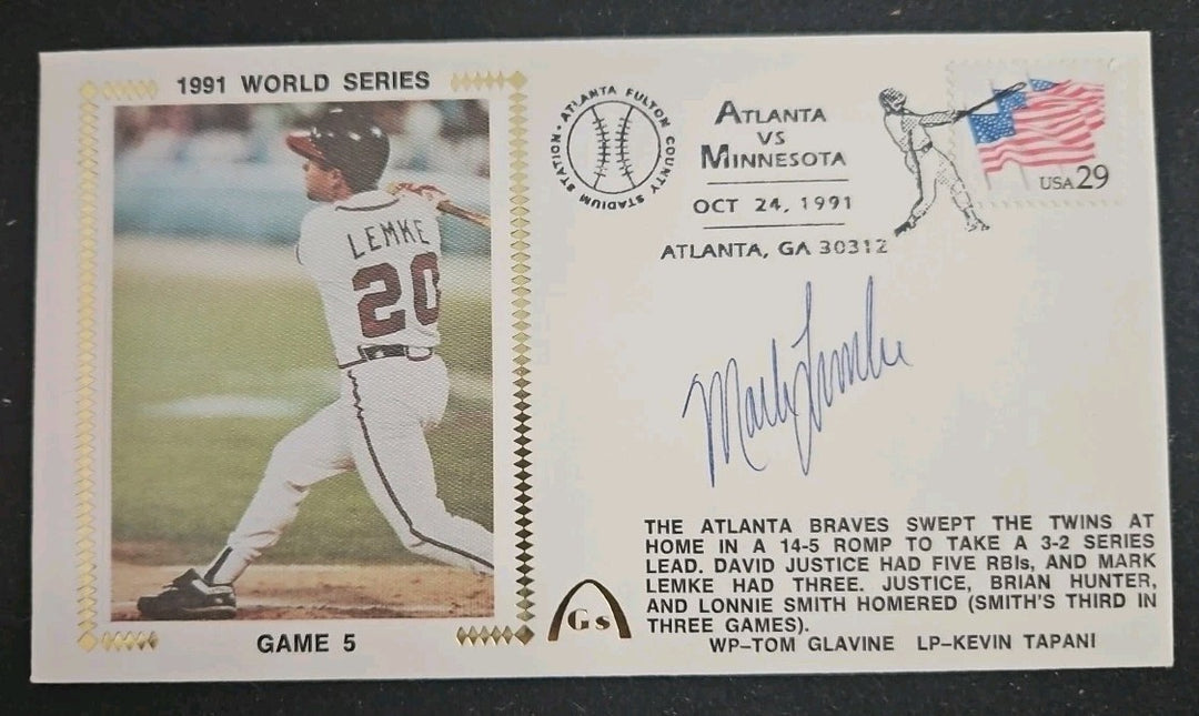 Mark Lemke Autographed 1991 Gateway FDC Cachet 1991 World Series Game 5