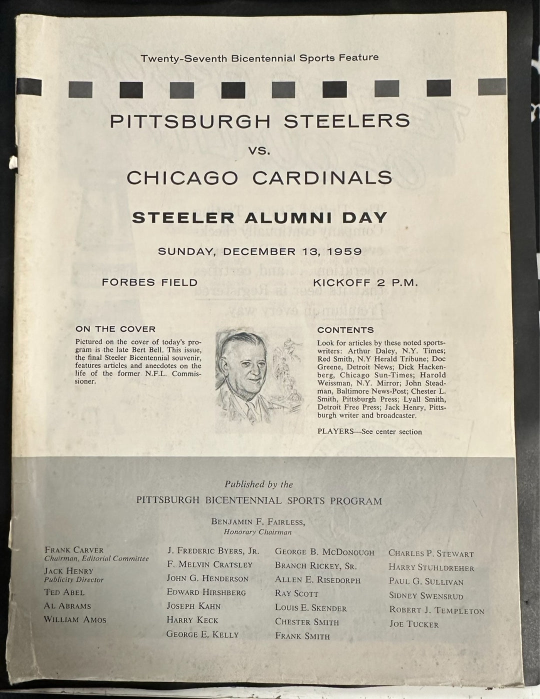 December 13, 1959 Pittsburgh Steelers Vs Chicago Cardinals Program NFL