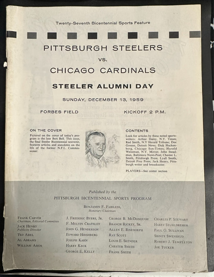 December 13, 1959 Pittsburgh Steelers Vs Chicago Cardinals Program NFL