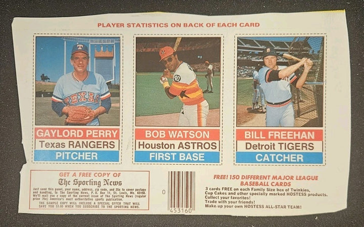 1976 Hostess All Star Team 3 Card Partial Uncut Panel Gaylord Perry Bob Watson