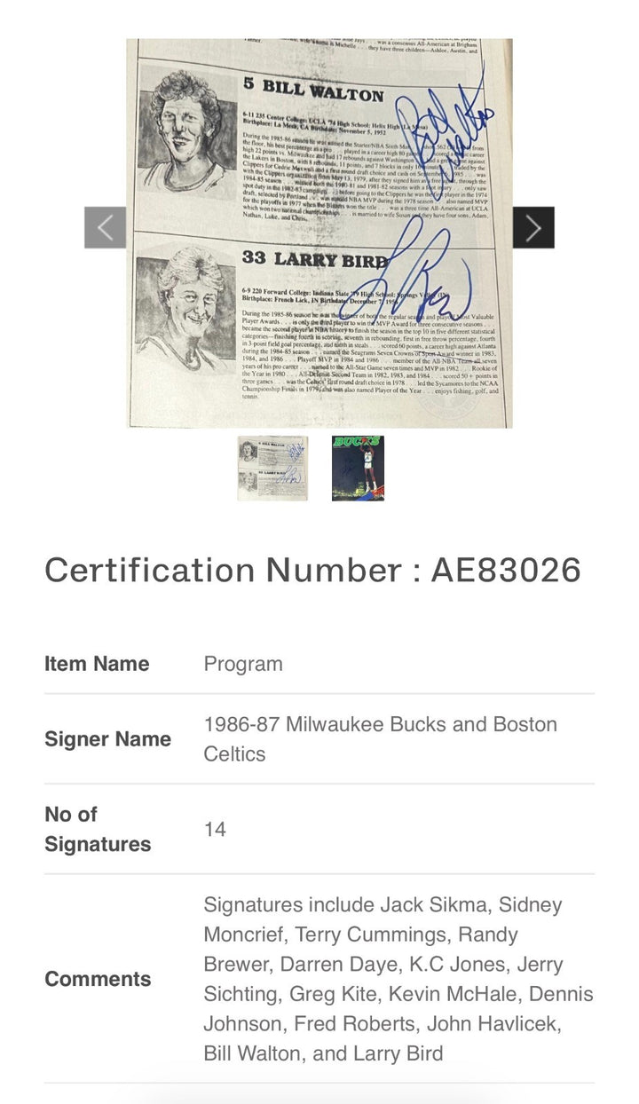 1986-87 Celtics & Bucks Team Signed Program Bird DJ KC Jones Havlicek Sikma