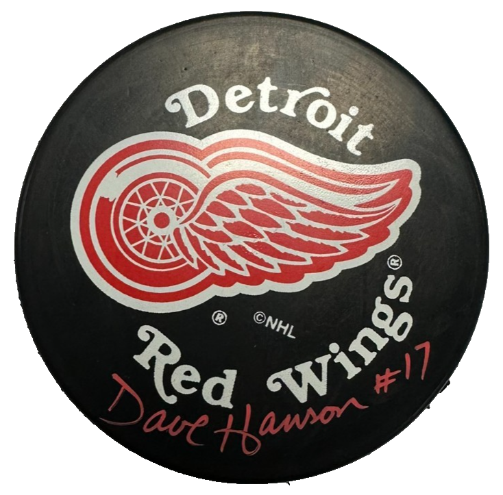Dave Hanson Autographed Detroit Red Wings Puck NHL Slap Shot The Hanson Brothers