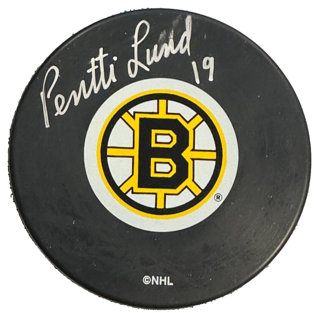 Pentti Lund Autographed Boston Bruins Hockey Puck NHL