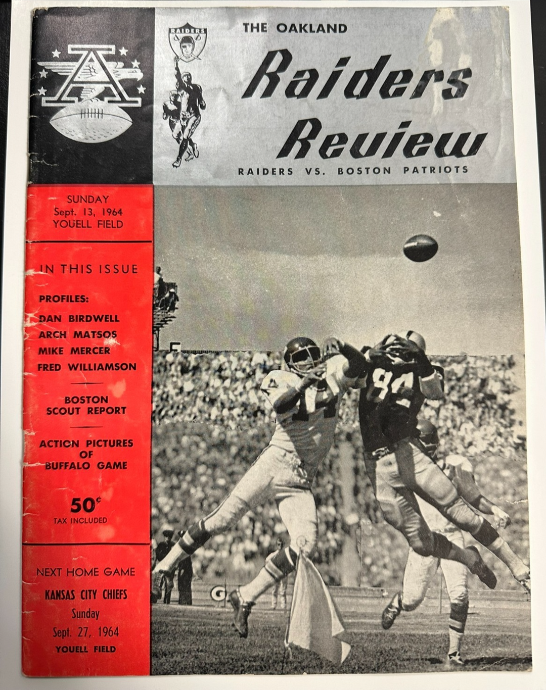 September, 13 1964 Oakland Raiders Vs Boston Patriots Program AFL Youell Field