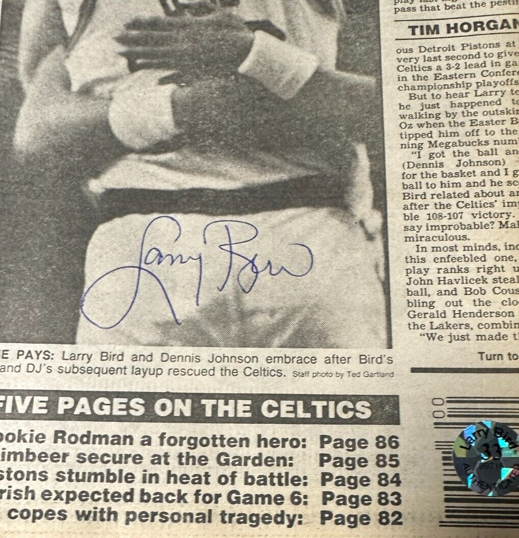 Larry Bird Autographed May 27, 1987 Boston Herald Bird Stole the Ball Bird Holo