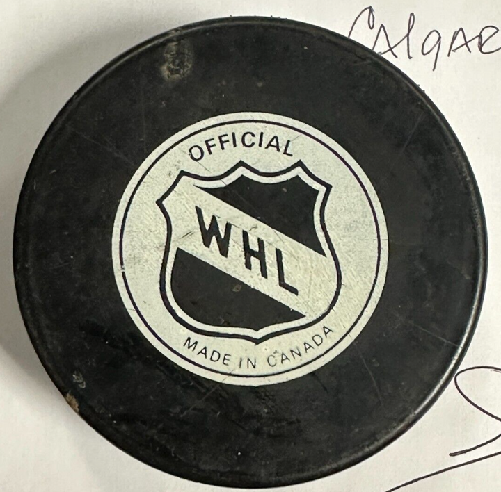 1980's Calgary Wranglers Game Used Puck WHL Jim Harrison Personal Collection