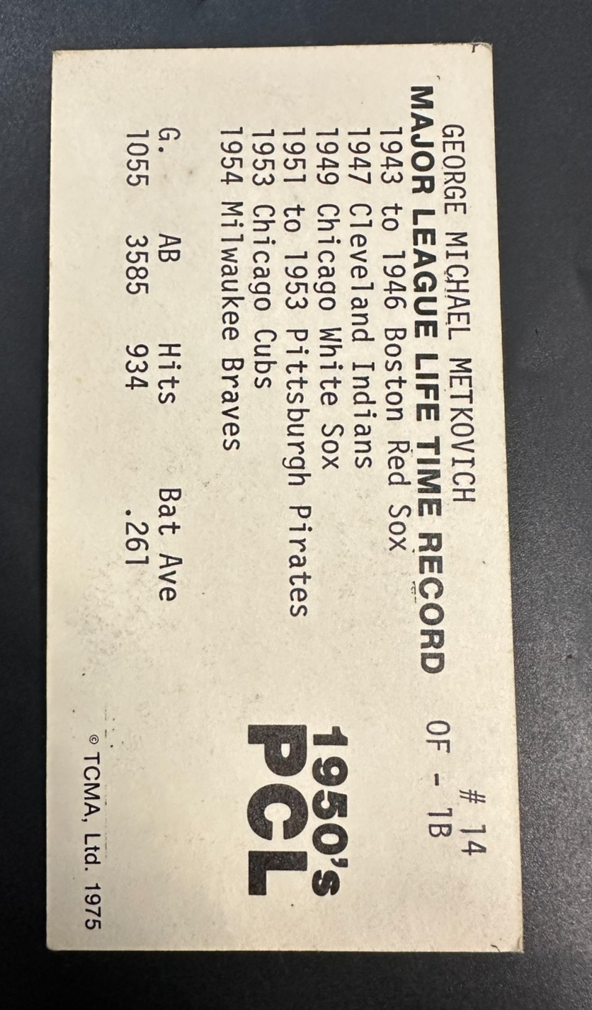 1975 TCMA 1950's Pacific Coast League George Metkovich #14 Vancouver Mounties