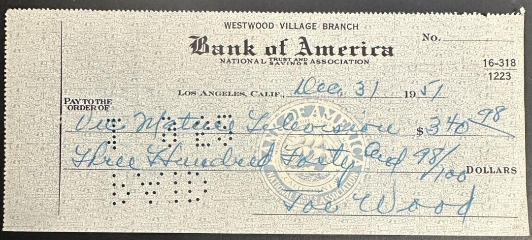1951 Smoky Joe Wood Autographed Personal Check Boston Red Sox