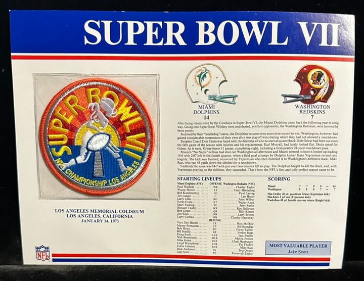 NFL Super Bowl Patch Willabee & Ward Collection SB VII Dolphins Vs Redskins