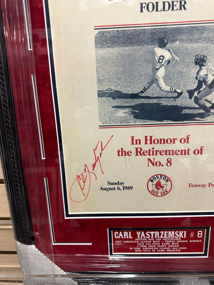Carl Yastrzemski Autographed Commemorative Retirement Folder Framed HOF Red Sox