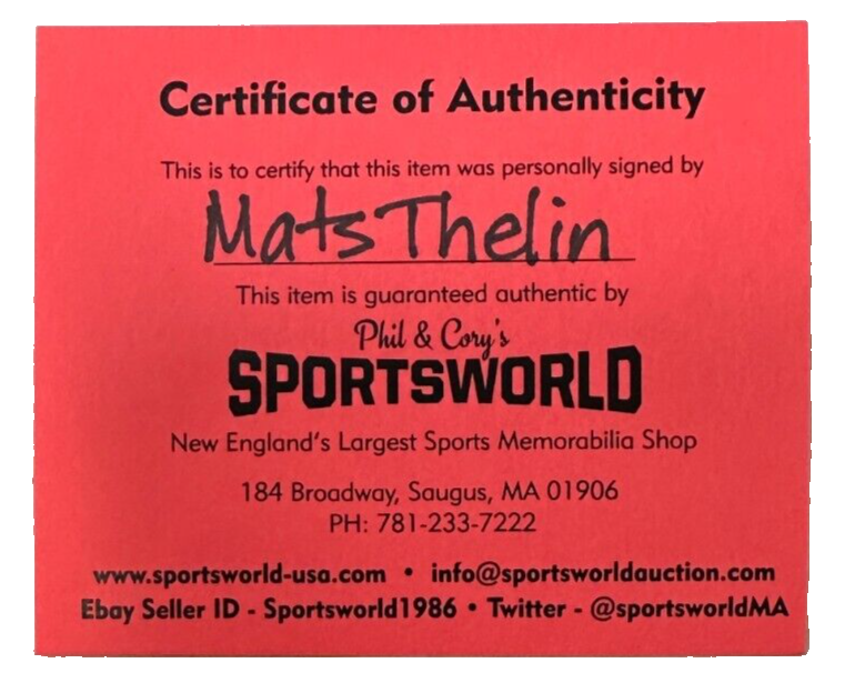 Mats Thelin Autographed Boston Bruins Hockey Puck NHL