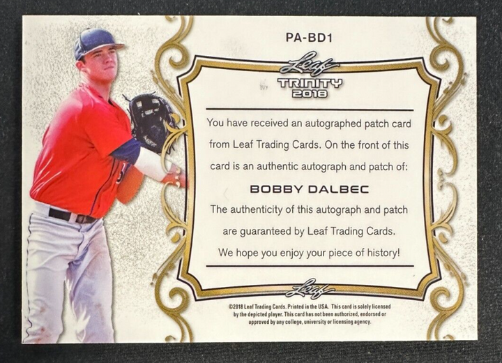 2018 Leaf Trinity Bobby Dalbec Autographed Majestic Logo Patch Card Red Sox