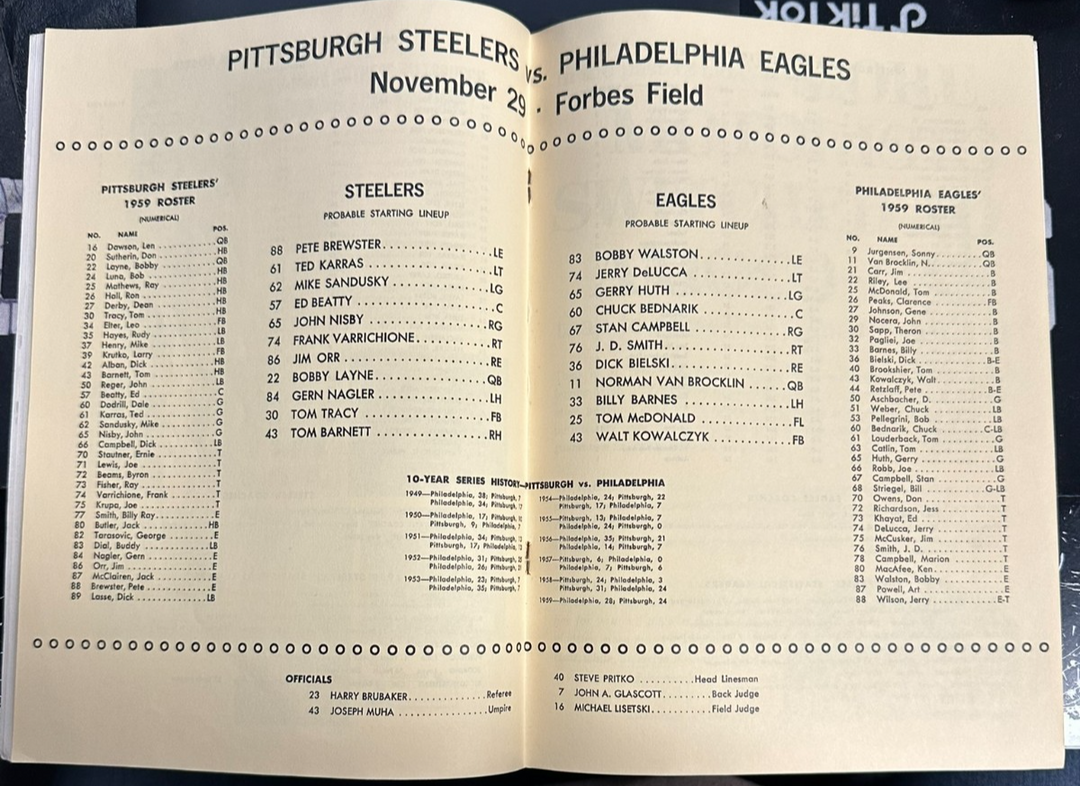 November 29, 1959 Pittsburgh Steelers Vs Philadelphia Eagles Program NFL