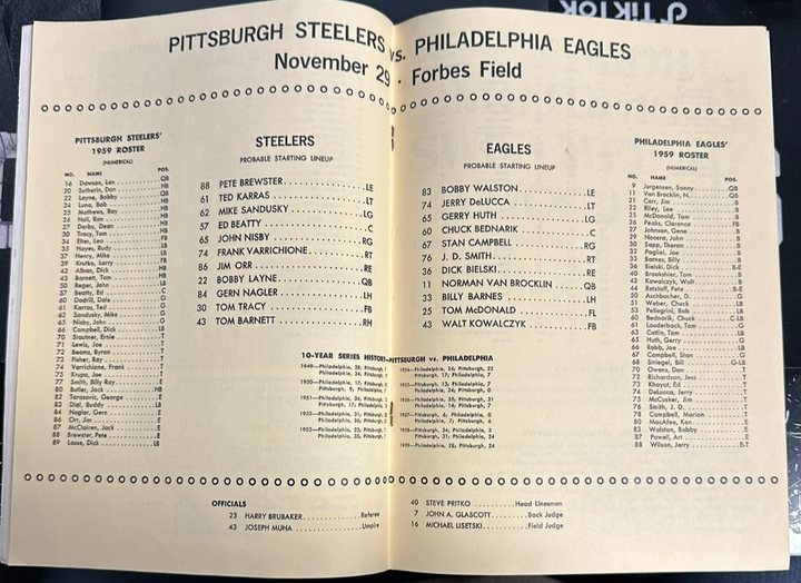November 29, 1959 Pittsburgh Steelers Vs Philadelphia Eagles Program NFL
