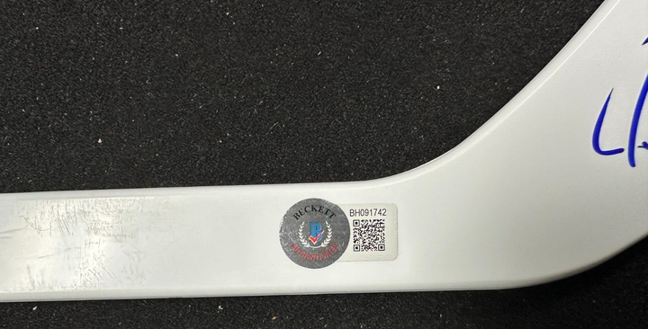 Pierre Pilote Autographed Mini Hockey Stick W/ HOF 75 Insc Black Hawks +