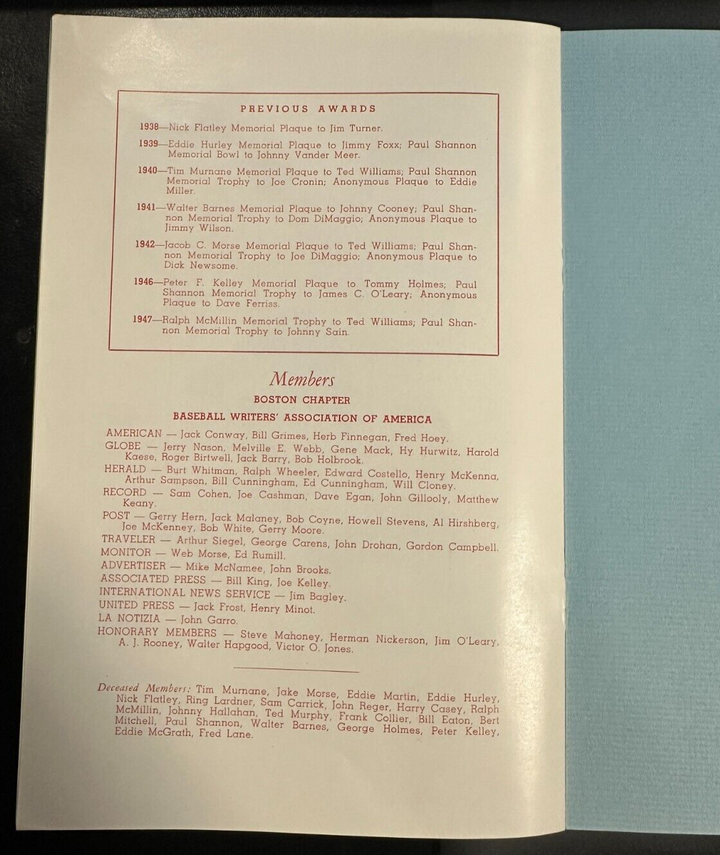 Jan 28, 1948 Ninth Annual Baseball Writers Association America Dinner Program
