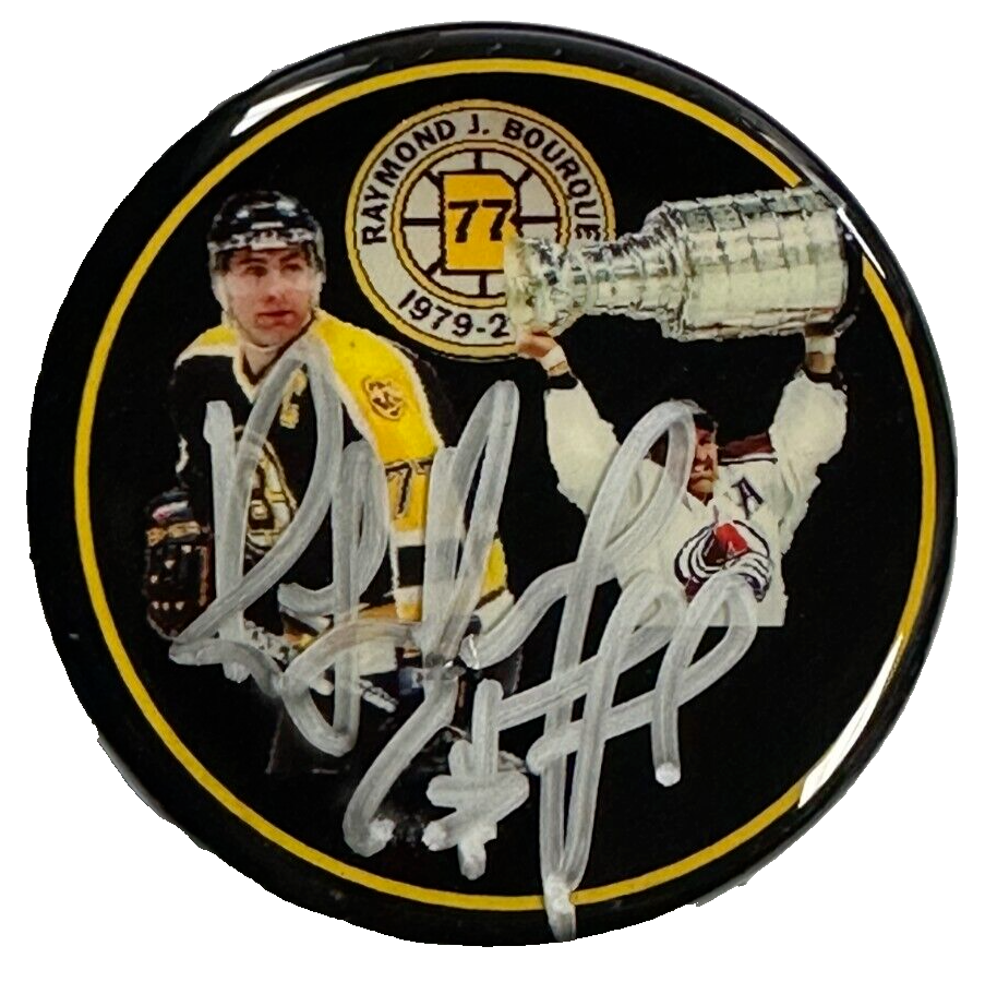 Ray Bourque Autographed Retirement Bruins & Avalanche Photo Puck W/ Stanley Cup