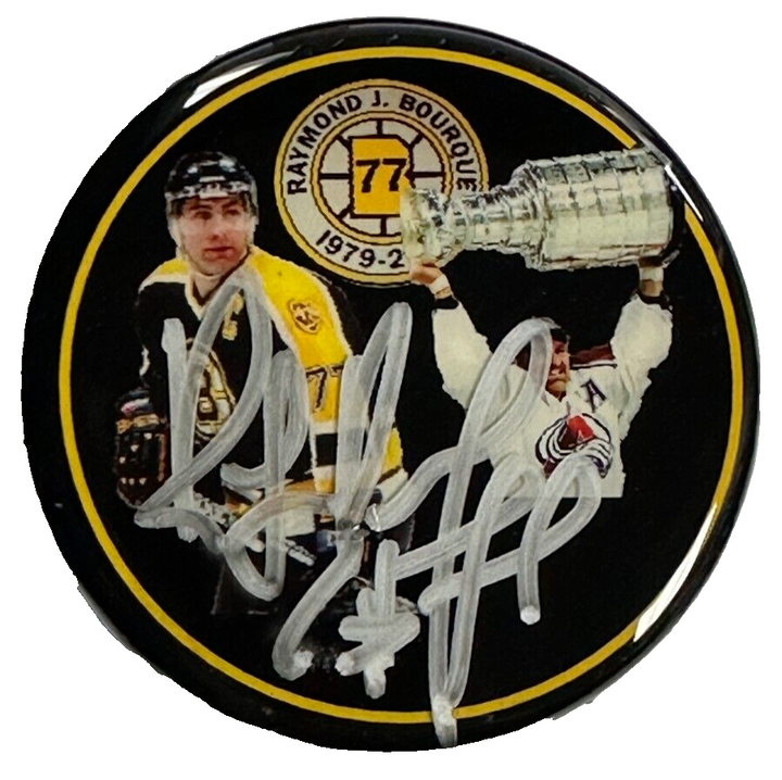 Ray Bourque Autographed Retirement Bruins & Avalanche Photo Puck W/ Stanley Cup
