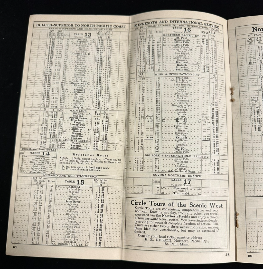 1939 Northern Pacific Railway System Public Timetable North Coast Limited Map