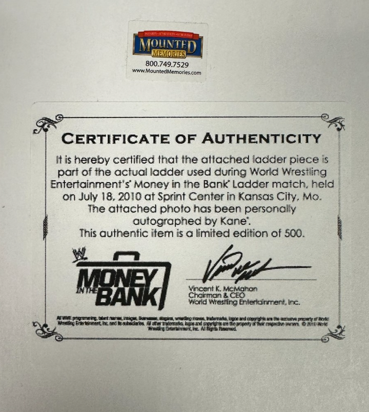 Kane Autographed 8x10 Photo Framed W/ Piece of Ladder Money in the Bank WWE /500