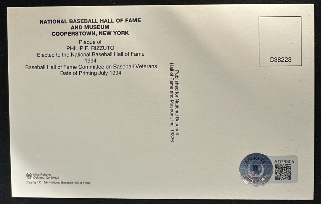Phil Rizzuto Autographed MLB Hall Of Fame Postcard Yankees BAS