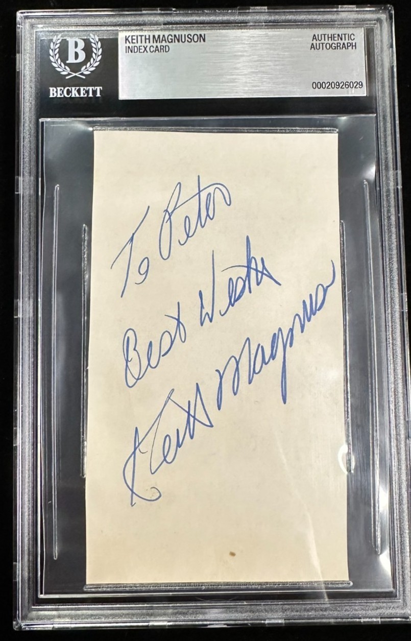 Keith Magnuson Autographed 3x5 Index Card BAS Black Hawks Encapsulated
