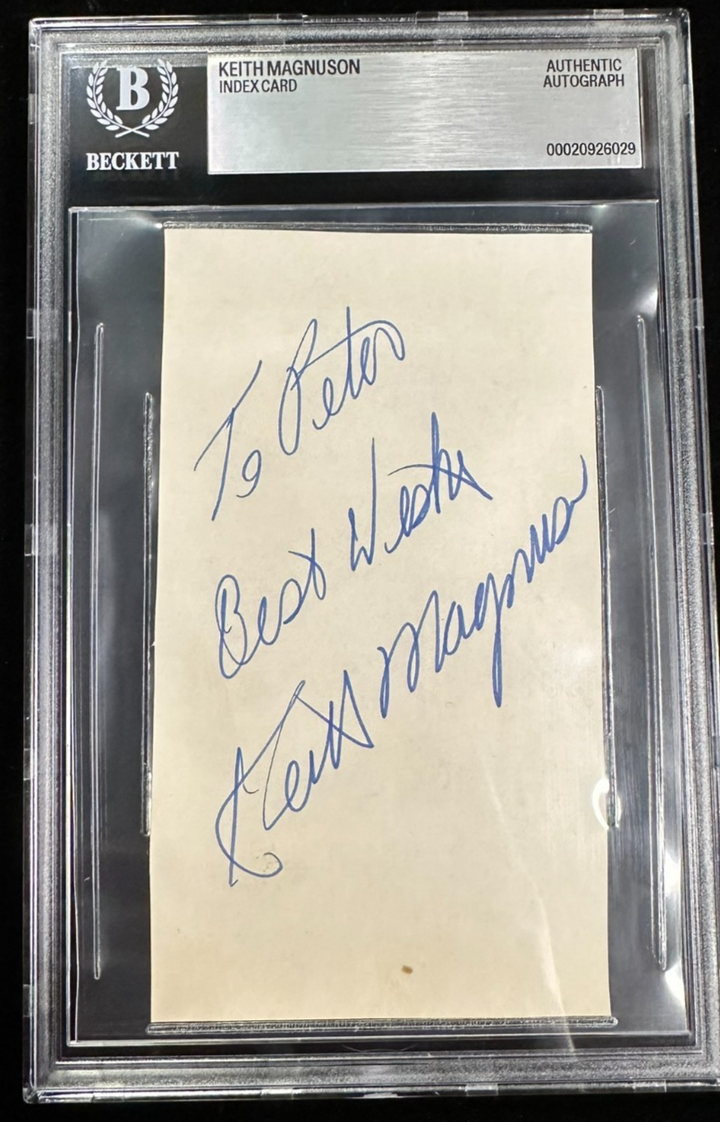 Keith Magnuson Autographed 3x5 Index Card BAS Black Hawks Encapsulated