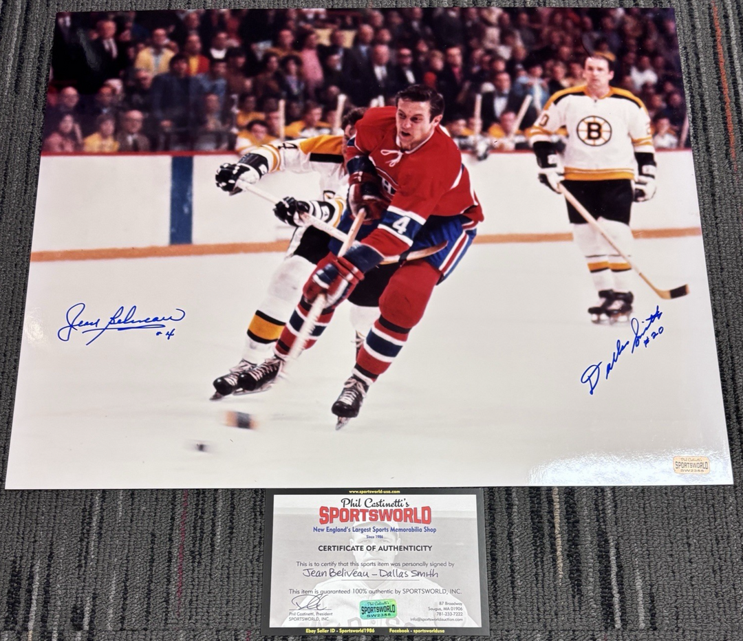 Jean Beliveau & Dallas Smith Signed 16x20 Sportsworld COA Canadiens Bruins