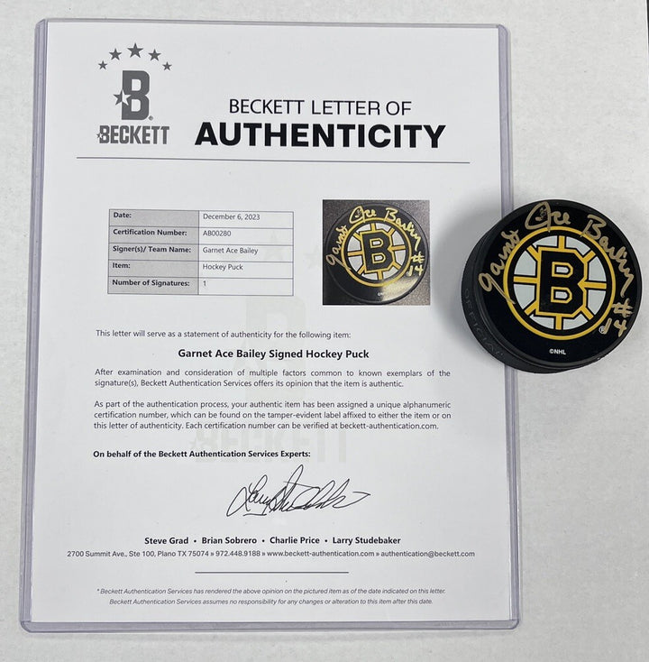 Garnet Ace Bailey Signed Boston Bruins Puck Beckett COA