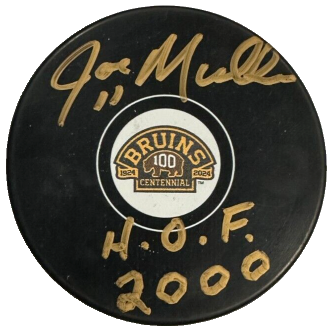 Joe Mullen Autographed Boston Bruins 100th Anniversary Puck W/ HOF 2000